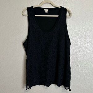 J. Crew Embroidered Floral Lace Overlay Black Tank Top, Size XL